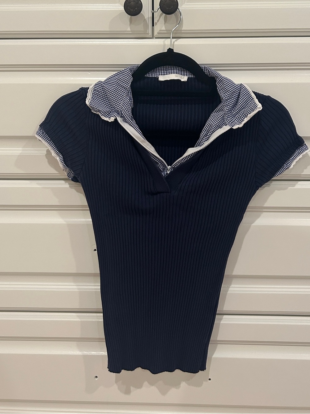 Zara Navy Ribbed Top with Blue Gingham Trim